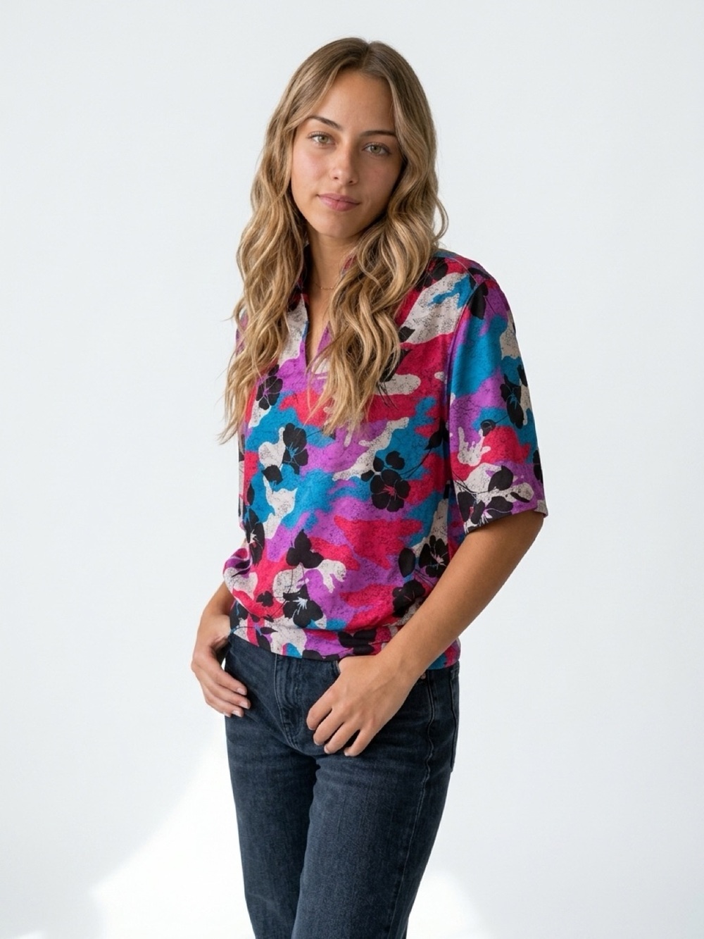 Amy Lynn  Women's Floral Blouse Size 42 Collared Short Sleeve Casual